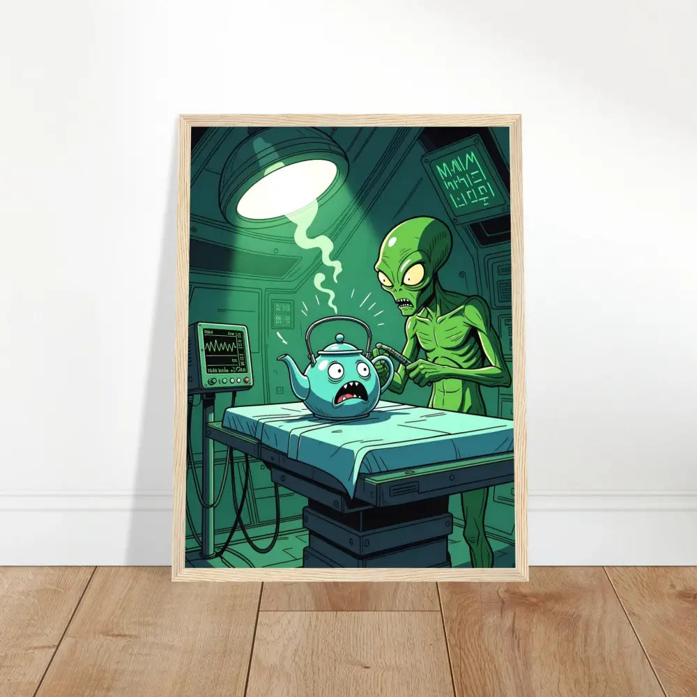 Framed cartoon alien examining a teapot on PixiOnyx Matte Poster titled Framed Probe Protocol Print