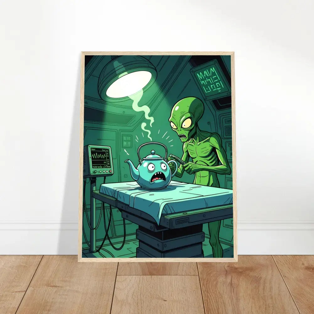 Framed cartoon alien performing a checkup on a teapot for Intergalactic Checkup poster