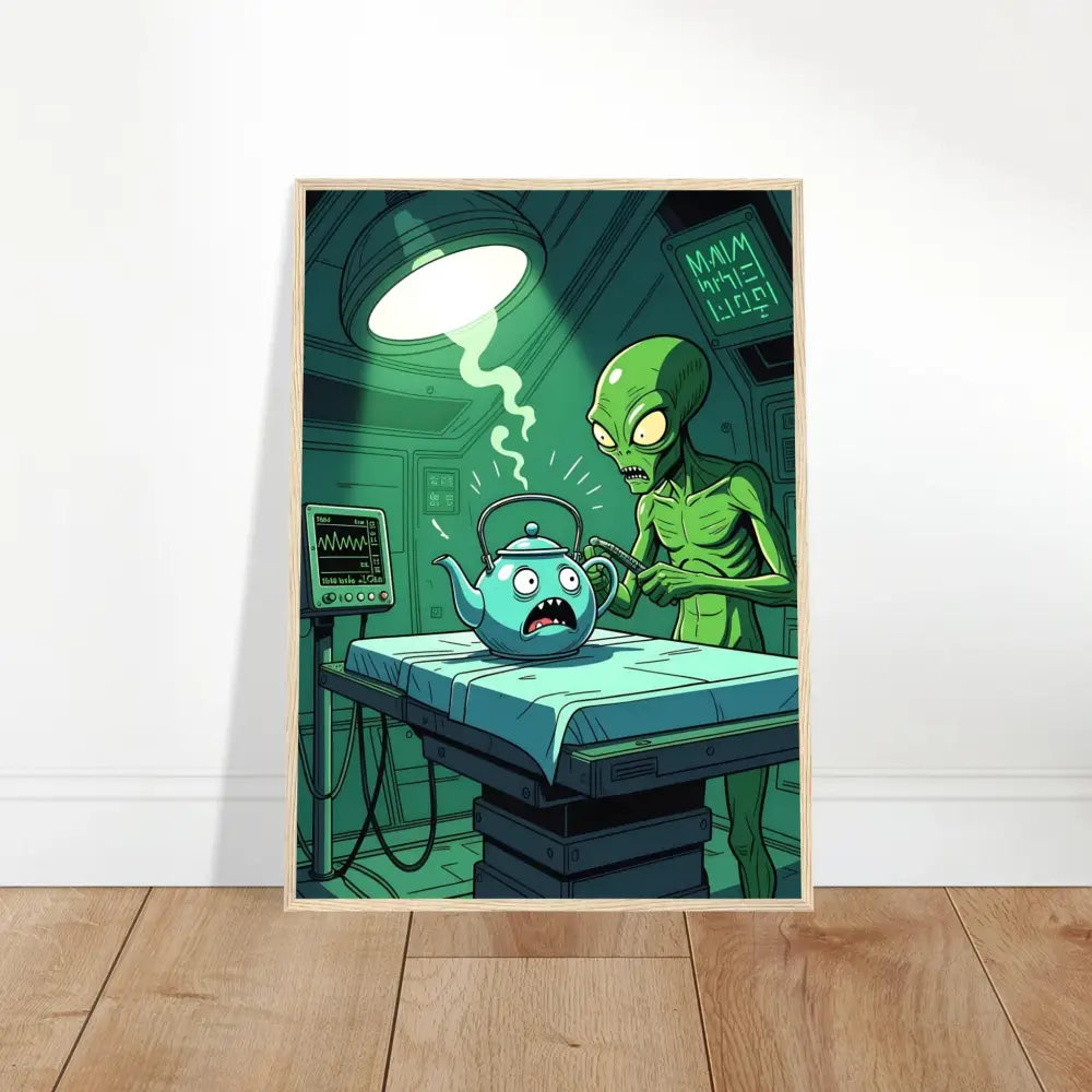 Framed cartoon alien conducting a checkup on a teapot for Intergalactic Checkup Poster