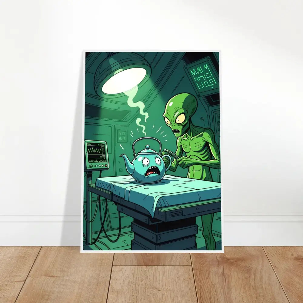 Funny alien abduction art featured in Framed Probe Protocol Print Intergalactic Checkup Poster