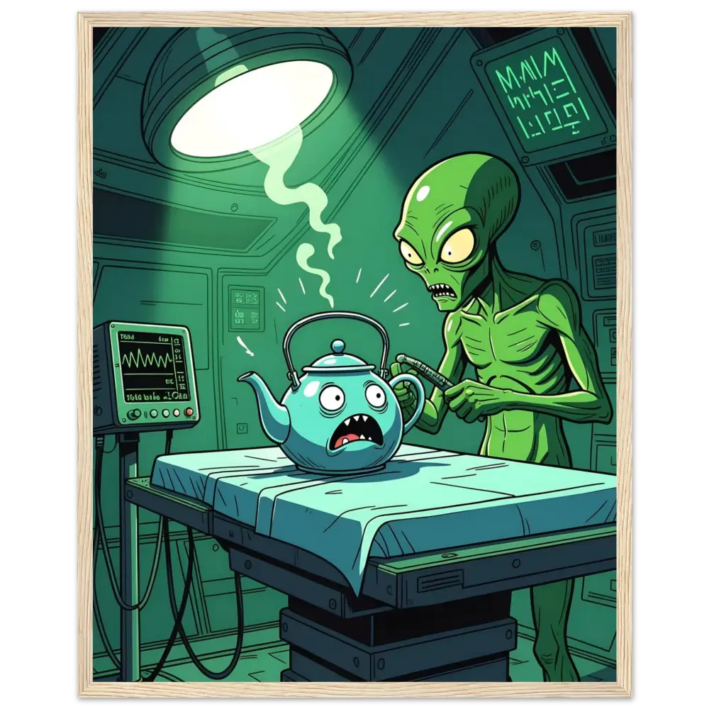 Framed cartoon of an alien examining a teapot on Intergalactic Checkup poster