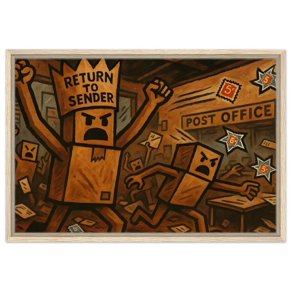 Framed cartoonish post office scene from the Box Revolt PixiOnyx Postal Insurgence Art collection