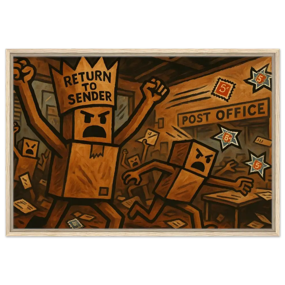 Humorous Post Office Rebellion painting on Framed Return to Sender Canvas by PixiOnyx