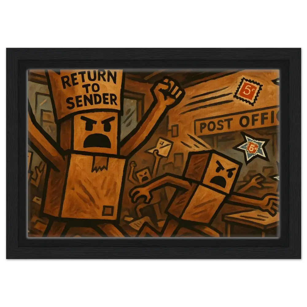 Framed cartoonish Post Office scene from Return to Sender Canvas by Box Revolt at PixiOnyx
