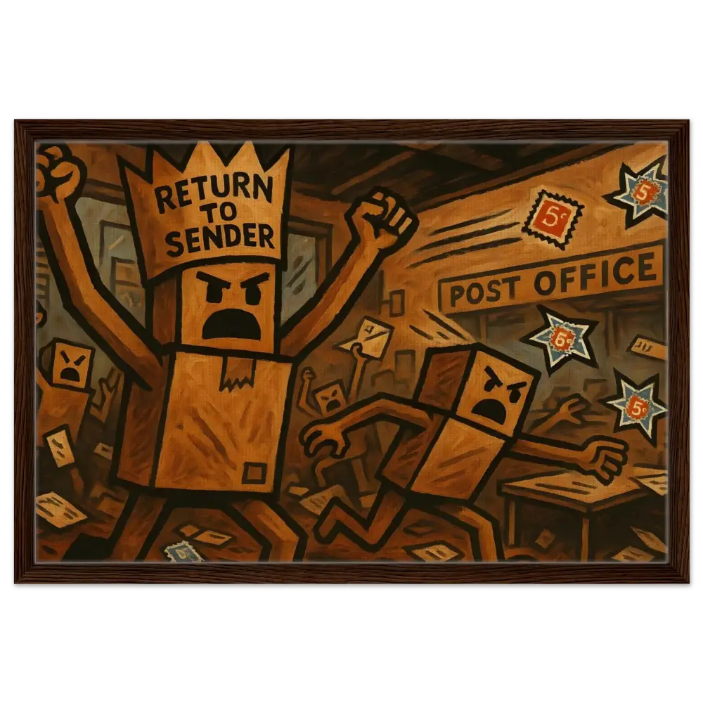 Framed Return to Sender Canvas showing angry boxes for Box Revolt Postal Art
