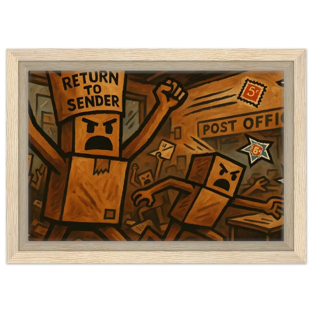 Framed Protest Canvas Featuring Angry Boxes Rebellion Artwork Displayed in PixiOnyx Postal Art