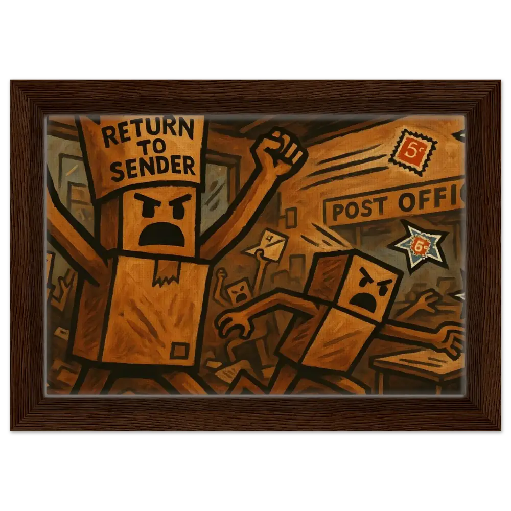 Framed cartoonish painting from Return to Sender Canvas displayed in Box Revolt PixiOnyx Postal Insurgence Art
