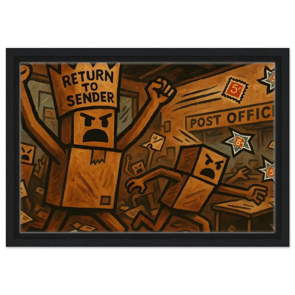 Framed cartoon-style post office rebellion artwork on the Return to Sender Canvas in Box Revolt