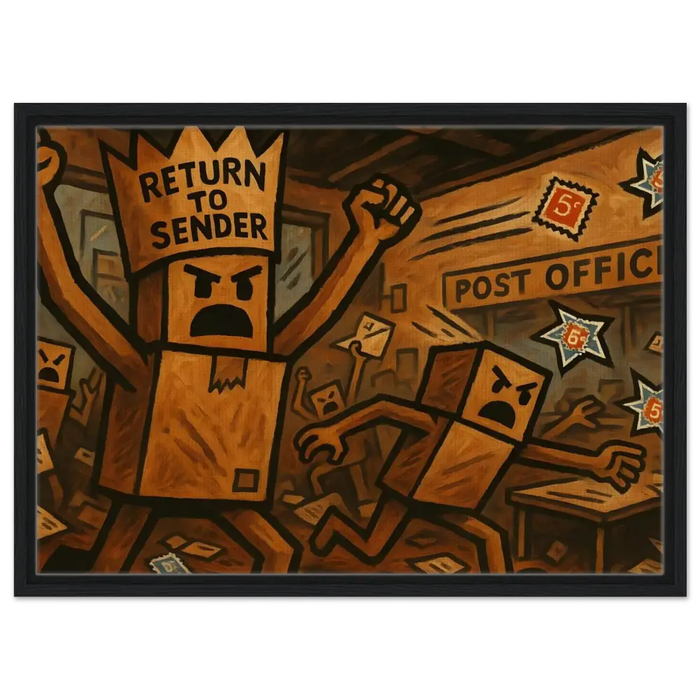 Box-headed figures causing chaos during a postal riot in PixiOnyx Postal Insurgence Art
