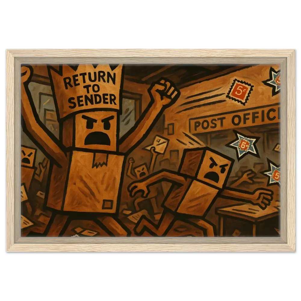 Framed canvas painting of angry boxes from PixiOnyx Postal Insurgence Art series