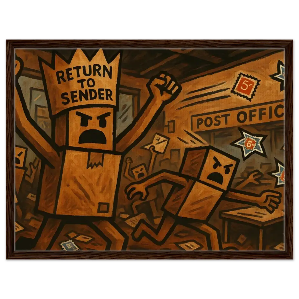 Framed cartoonish painting of angry boxes from PixiOnyx Postal Insurgence Art