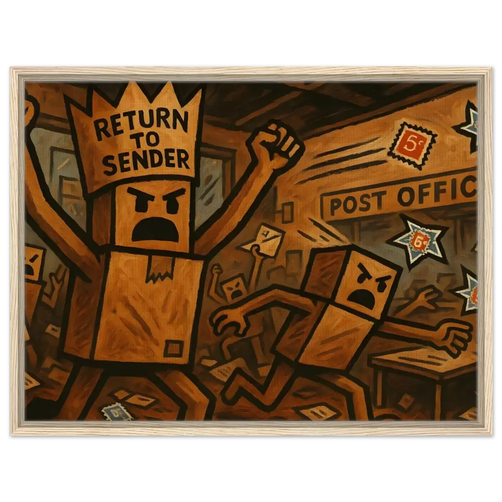 Framed Return to Sender Canvas featuring angry box artwork from PixiOnyx Postal Insurgence Art