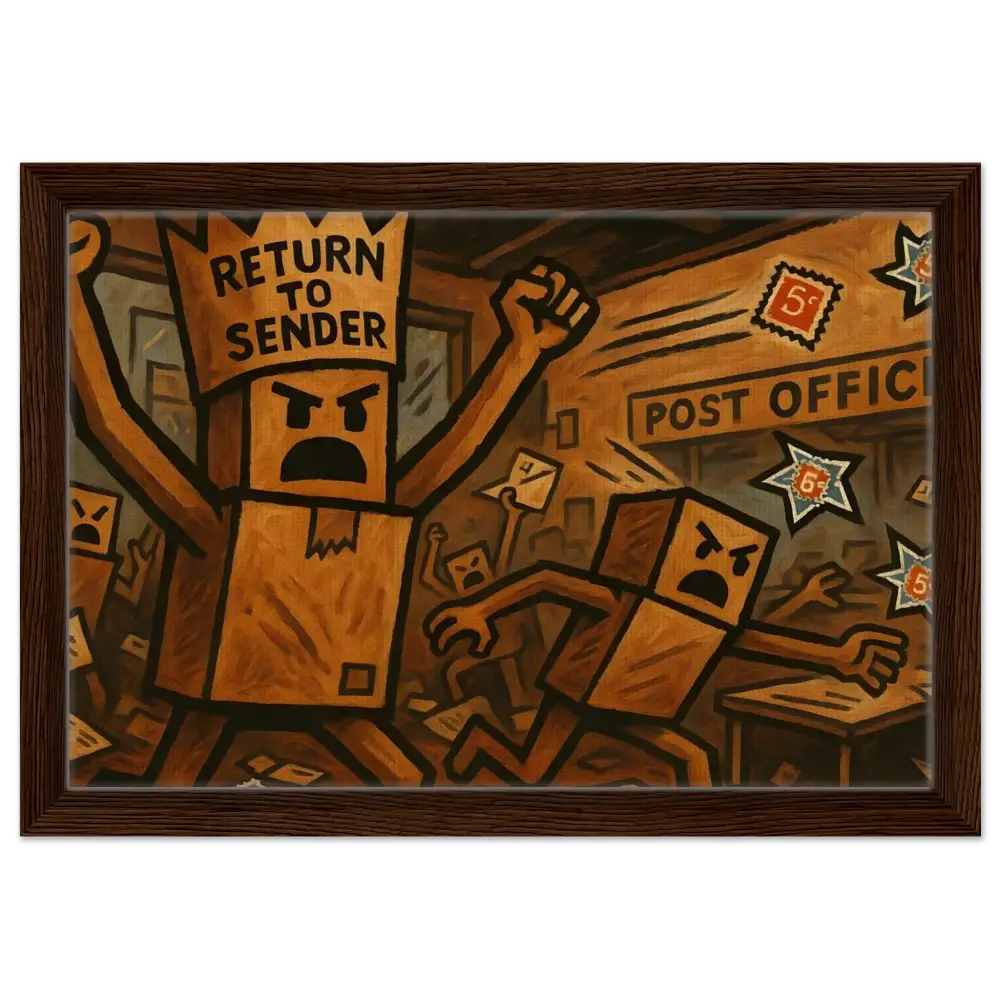 Framed cartoonish post office rebellion artwork for PixiOnyx Return to Sender Canvas