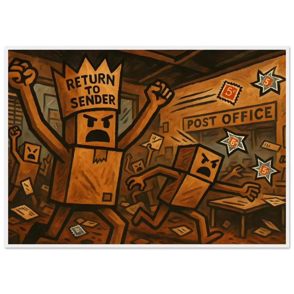 Angry box-headed figures during a post office riot in PixiOnyx Dystopian Framed Art