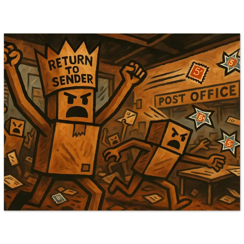 Angry box people storming a post office for the Framed Return to Sender Poster Parcel Revolt