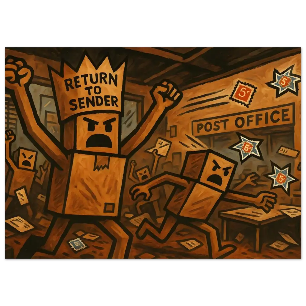 Angry box people storming a Post Office depicted in Framed Return to Sender Poster
