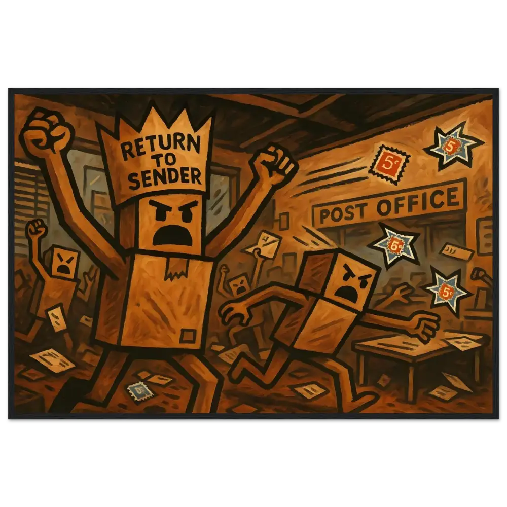 Cartoonish post office riot scene on Framed Return to Sender Poster by PixiOnyx Dystopian Art