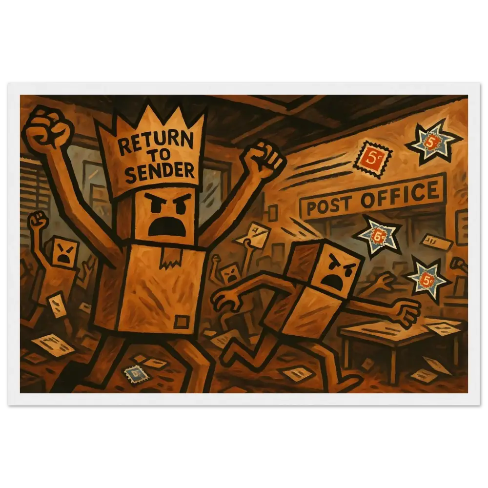 Angry box people riot depicted in Framed Return to Sender Poster Parcel Revolt PixiOnyx Dystopian Art
