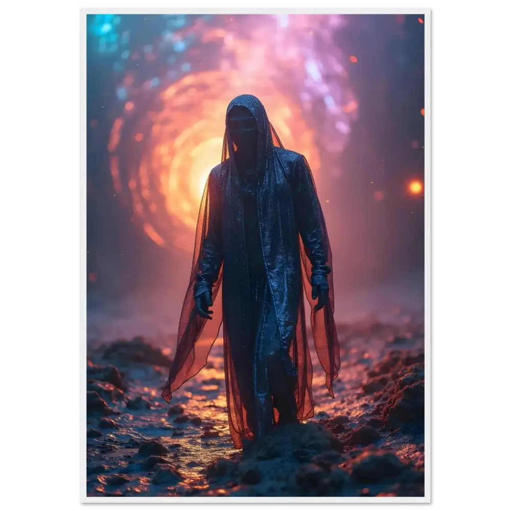 Cloaked figure in an otherworldly landscape framed as Shadowwalker Art – Through the Rift Matte Print