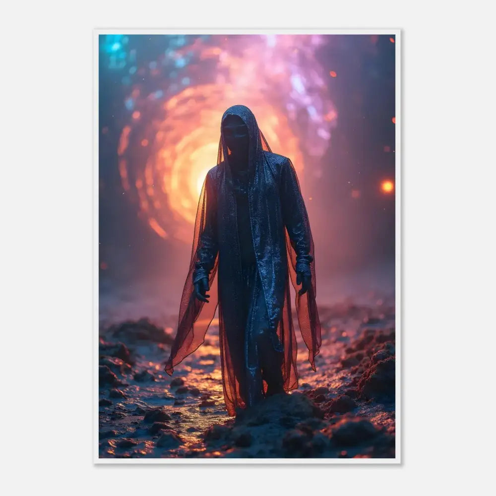 Hooded figure in shimmering cloak from Framed Shadowwalker Art Through the Rift PixiOnyx Print