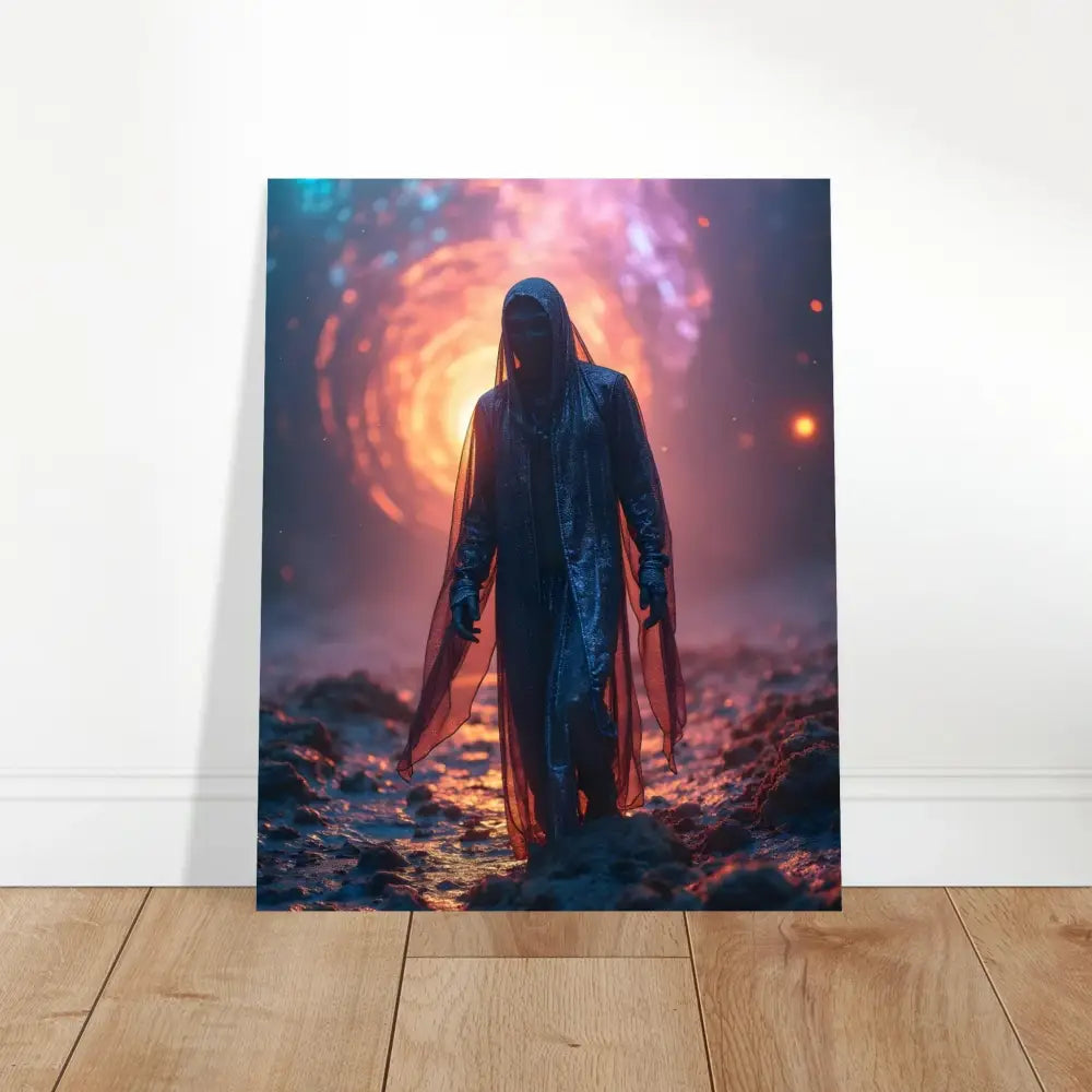Hooded figure in a cosmic landscape framed art piece titled Through the Rift by PixiOnyx