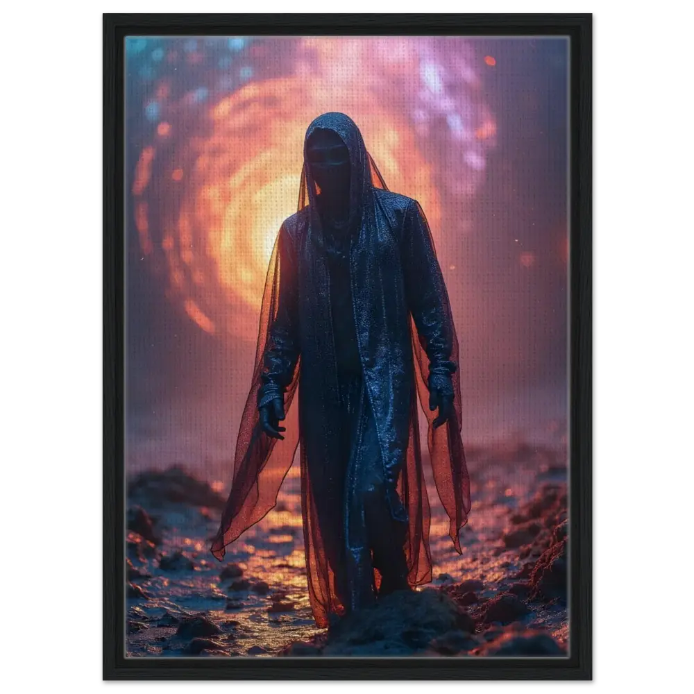 Framed Shadowwalker Canvas depicting a cloaked figure in an otherworldly landscape