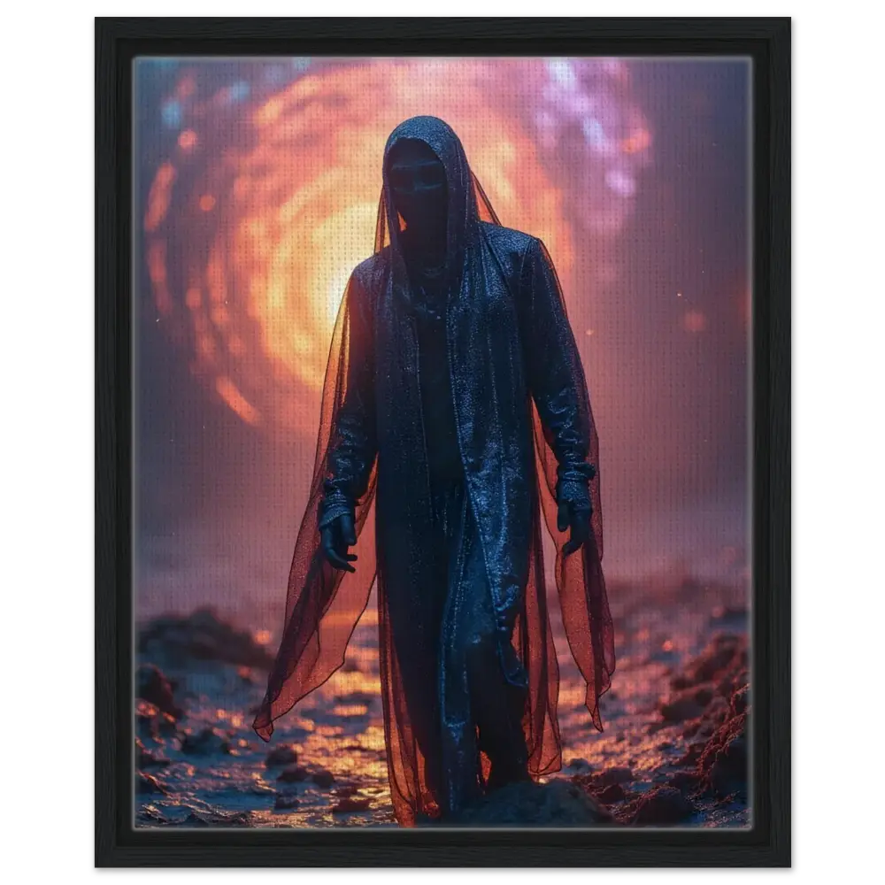 Hooded figure in flowing cloak depicted on Framed Shadowwalker Canvas from PixiOnyx Gallery Wrap