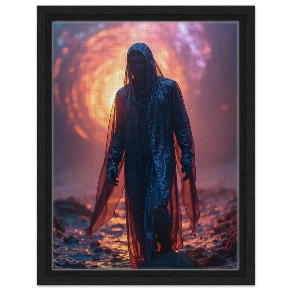 Hooded figure in dark robes displayed on Framed Shadowwalker Canvas by PixiOnyx Gallery Wrap