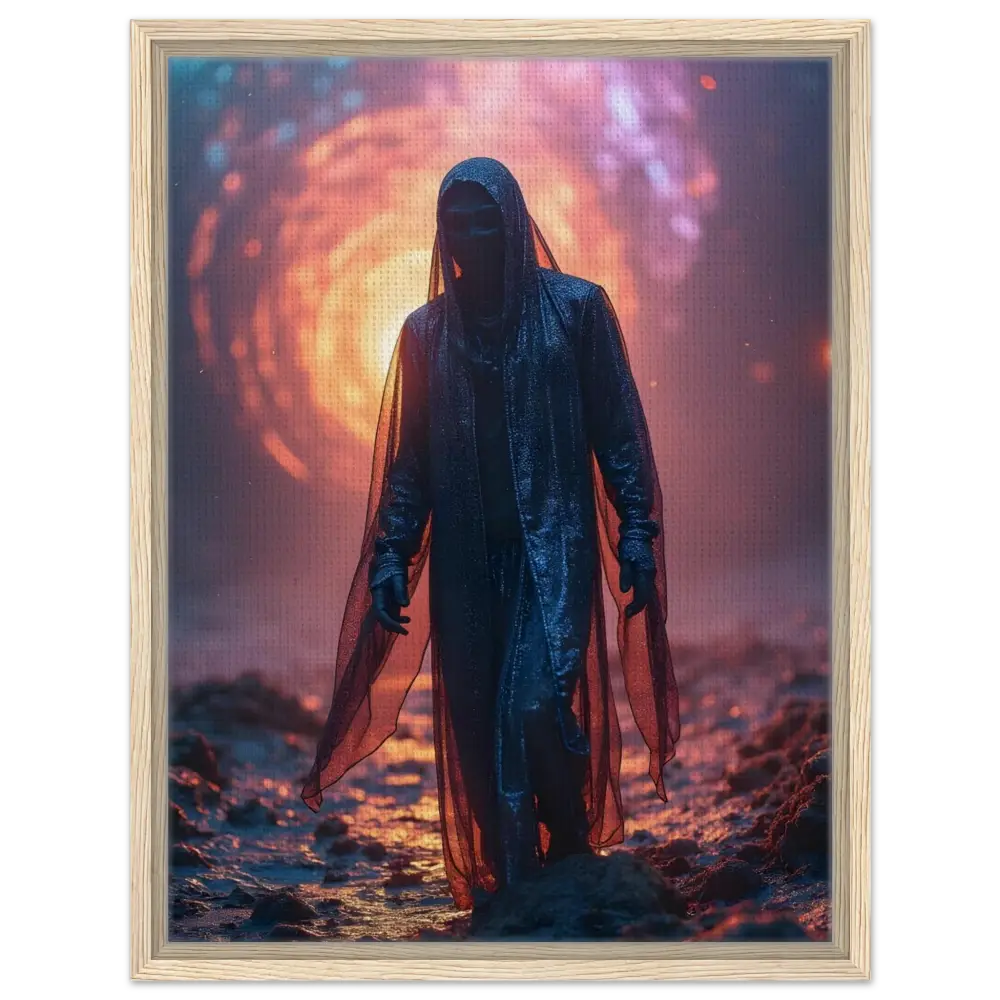 Framed Shadowwalker Canvas featuring a hooded figure in a mystical cloak by PixiOnyx
