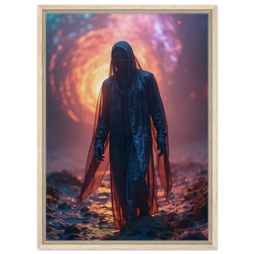 Hooded figure in shimmering cloak displayed on PixiOnyx Gallery Wrap Canvas titled Through the Rift