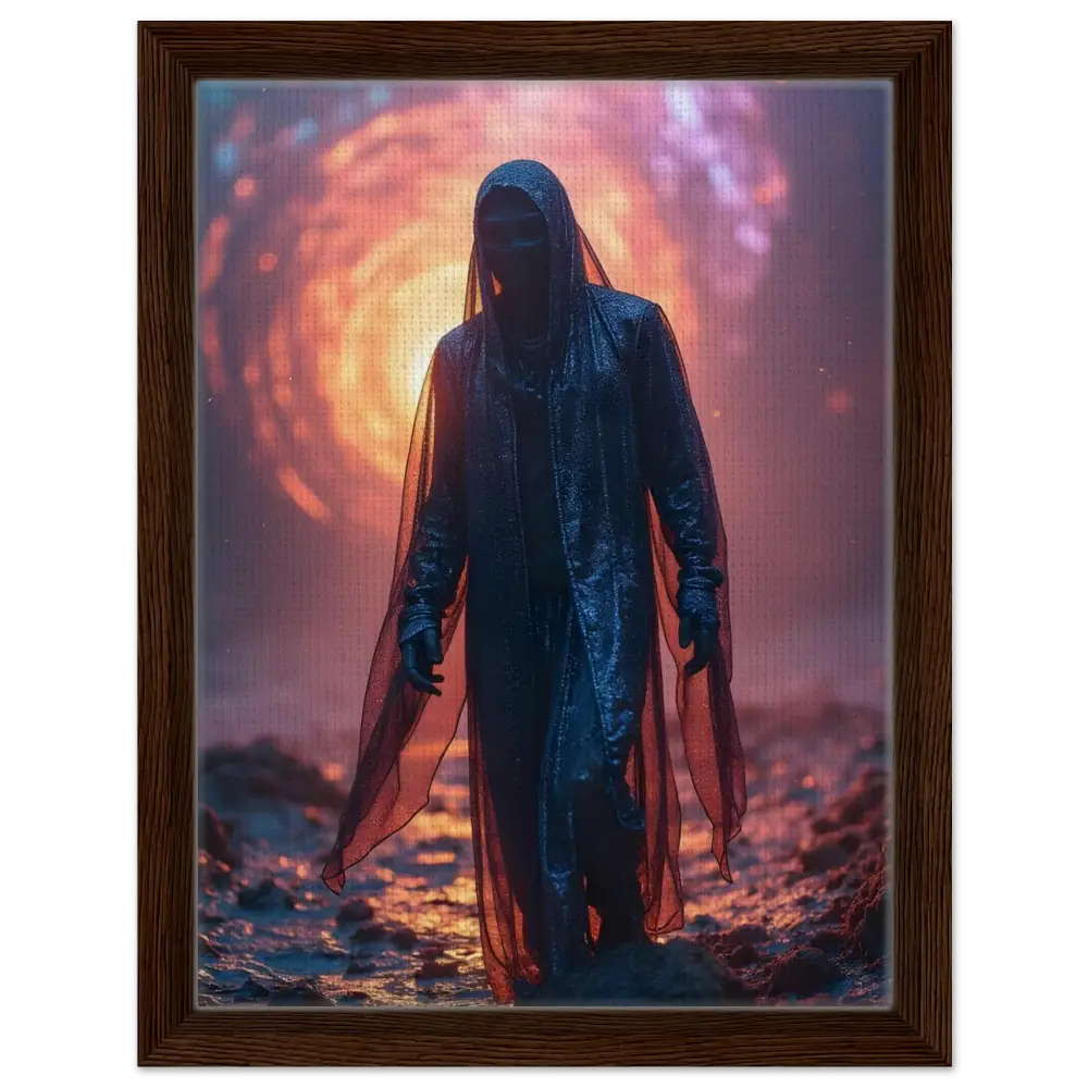 Framed Shadowwalker Canvas displaying a hooded figure in dark attire at PixiOnyx Gallery Wrap