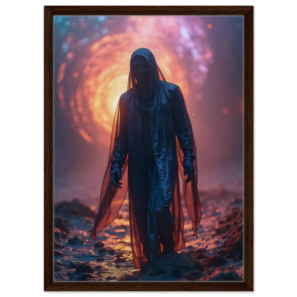 Framed Shadowwalker Canvas showing a figure in hooded cloak at PixiOnyx Gallery Wrap