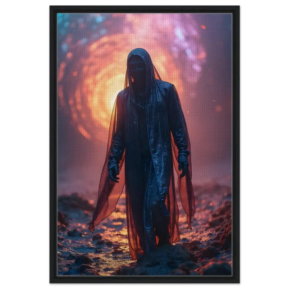 Hooded figure in a shimmering cloak on Framed Shadowwalker Canvas Through the Rift PixiOnyx