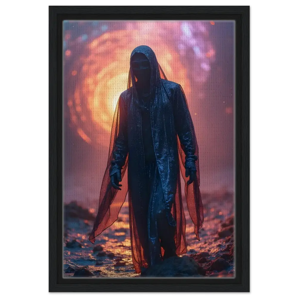 Cloaked figure stands before a fiery portal on PixiOnyx Gallery Wrap Shadowwalker Canvas