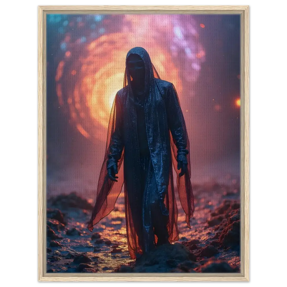 Framed Shadowwalker Canvas featuring a hooded figure in a shimmering cloak from PixiOnyx Gallery Wrap
