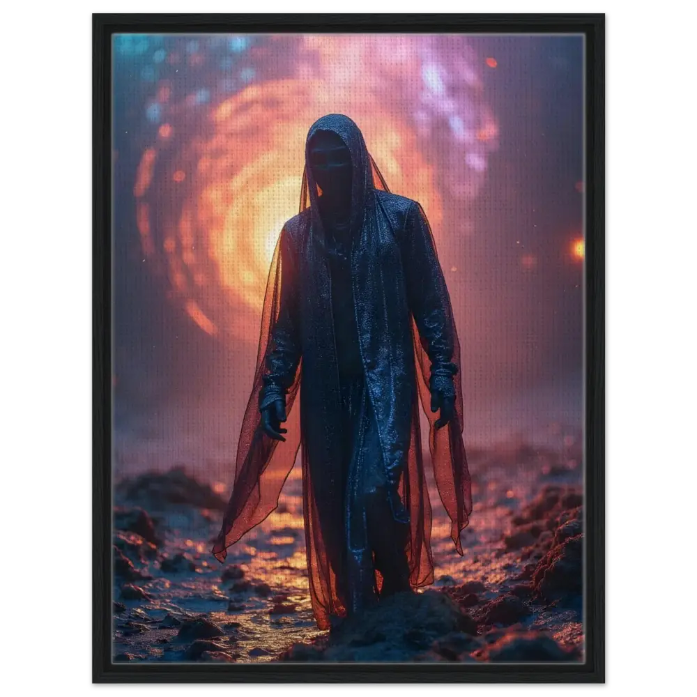 Hooded figure in shimmering cloak from Framed Shadowwalker Canvas by PixiOnyx Gallery Wrap