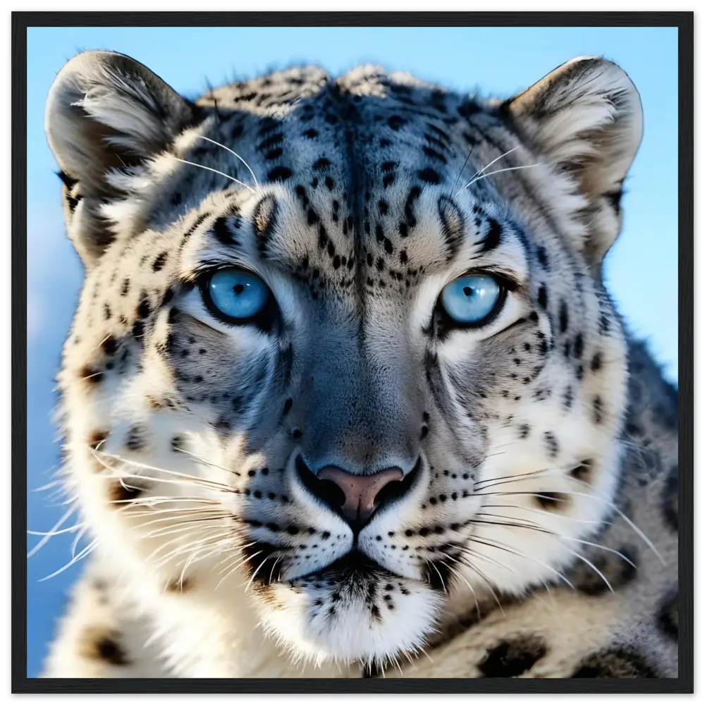 Framed Snow Leopard Art Glacier Gaze matte print showing Snow leopard’s intense gaze