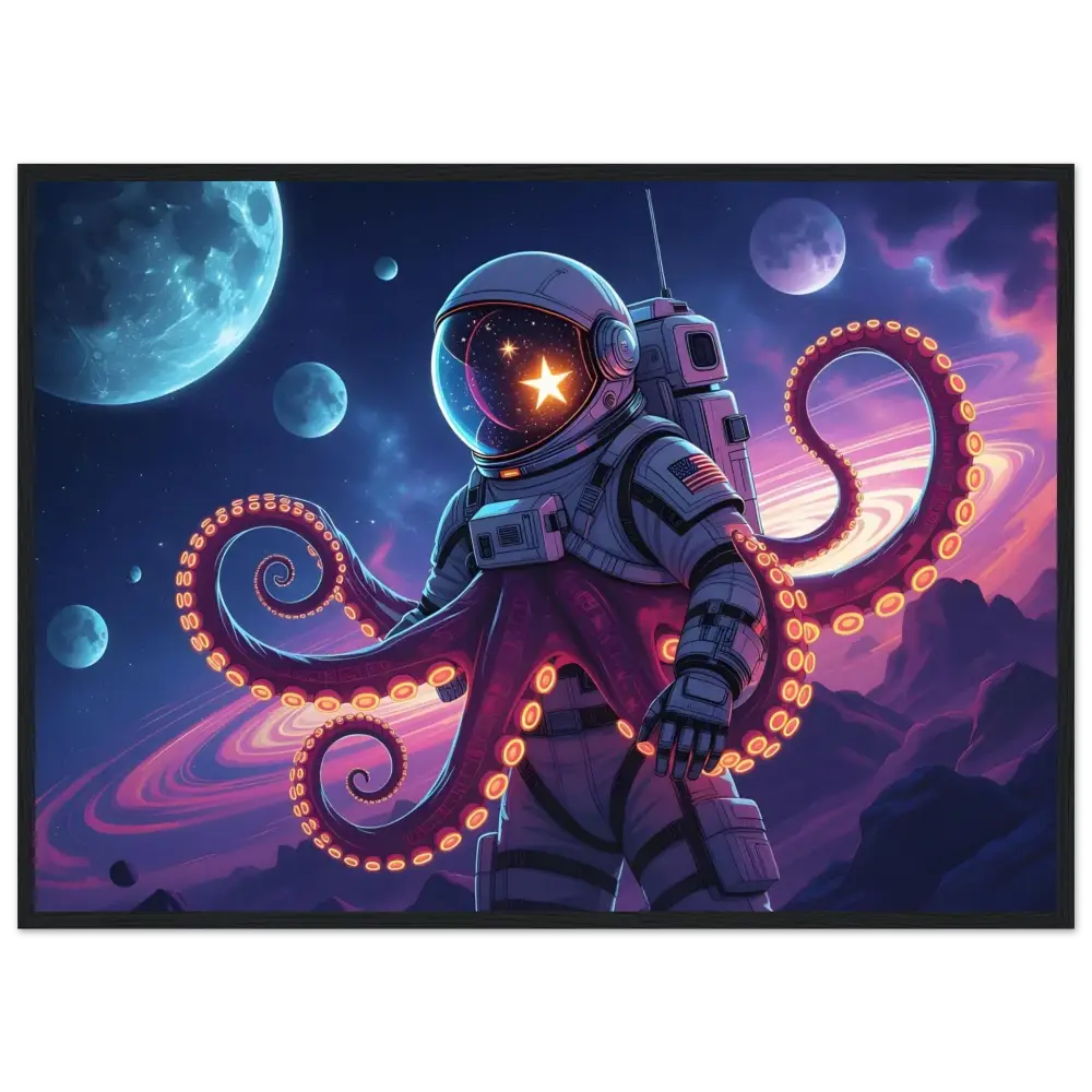 Astronaut with octopus tentacles on framed space poster Cosmic Tentacle Voyager by PixiOnyx