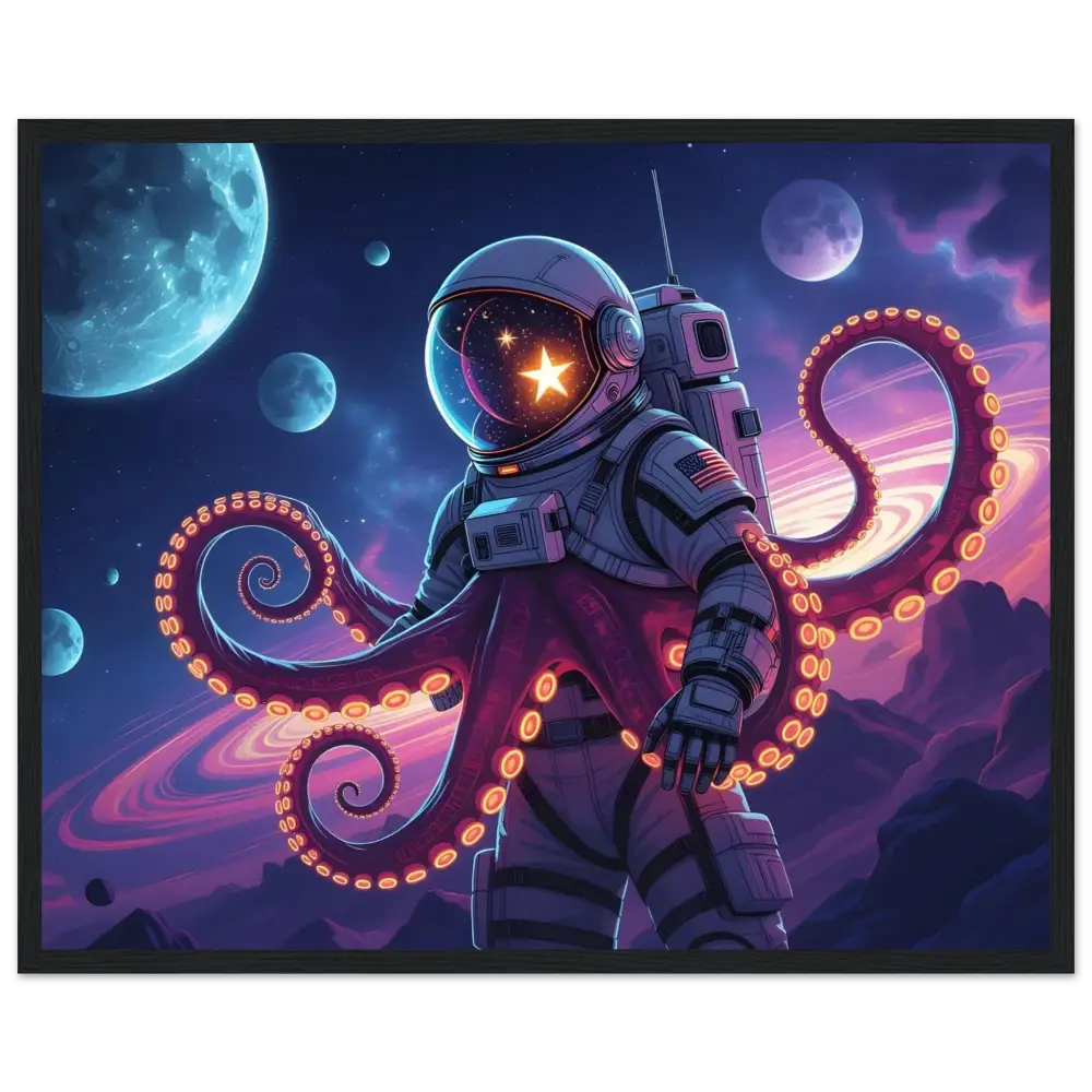 Astronaut with octopus tentacles in a cosmic-themed poster framed as Framed Space Octonaut Poster