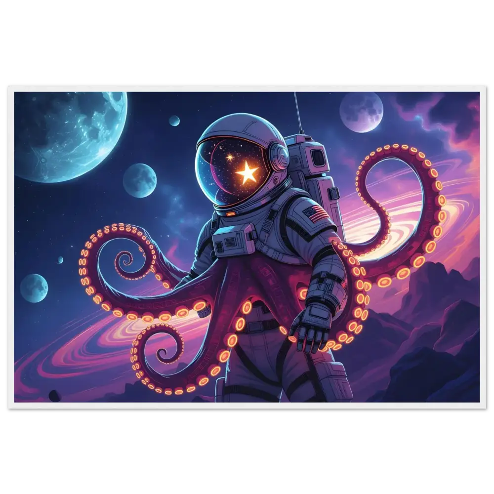 Astronaut with colorful octopus tentacles on space-themed Framed Space Octonaut Poster