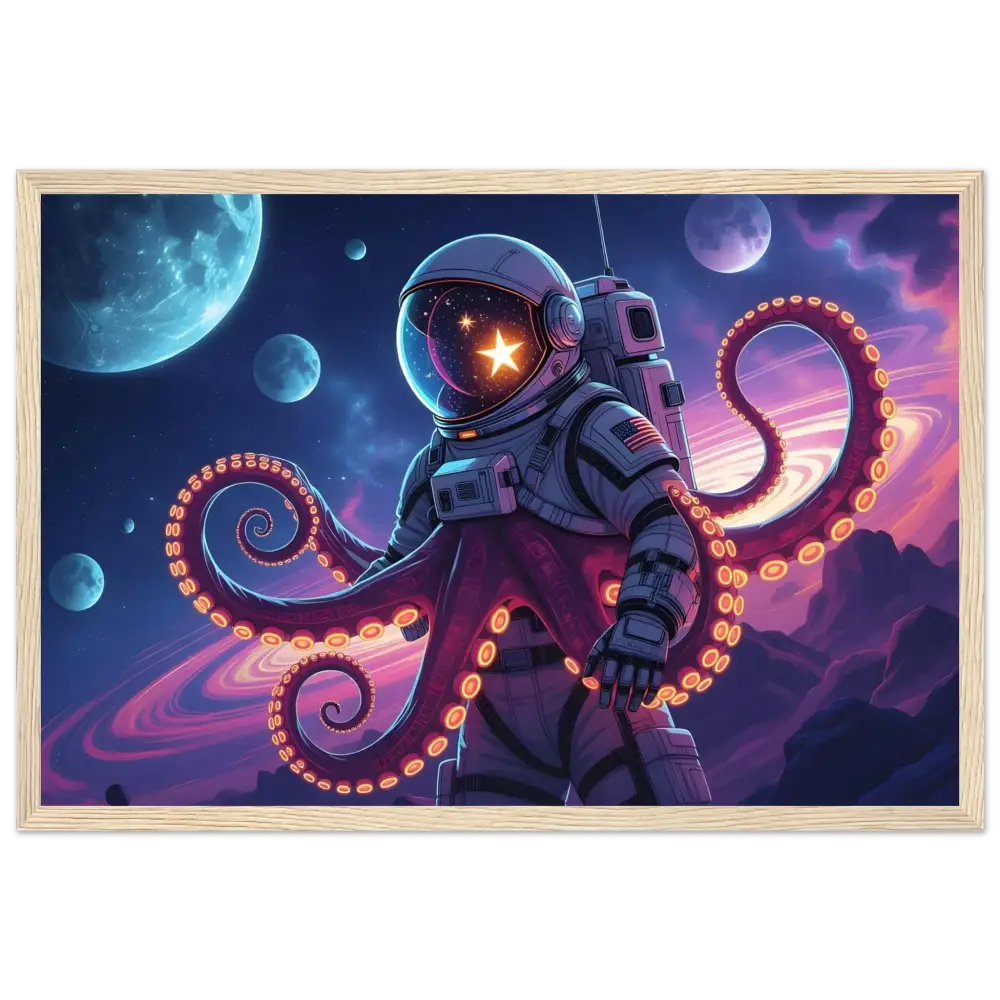 Framed astronaut octopus artwork from PixiOnyx featuring cosmic tentacle voyager design