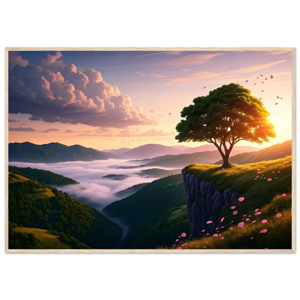 Scenic landscape painting of a sunrise on the Framed Sunrise Poster by PixiOnyx