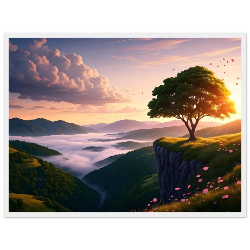 Scenic mountain landscape with a solitary tree on PixiOnyx Framed Sunrise Poster