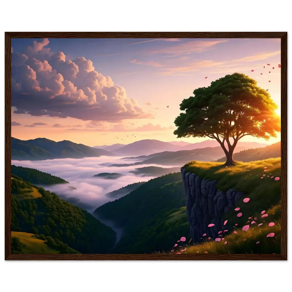 Framed sunrise landscape painting poster displayed in PixiOnyx Matte Landscape Print