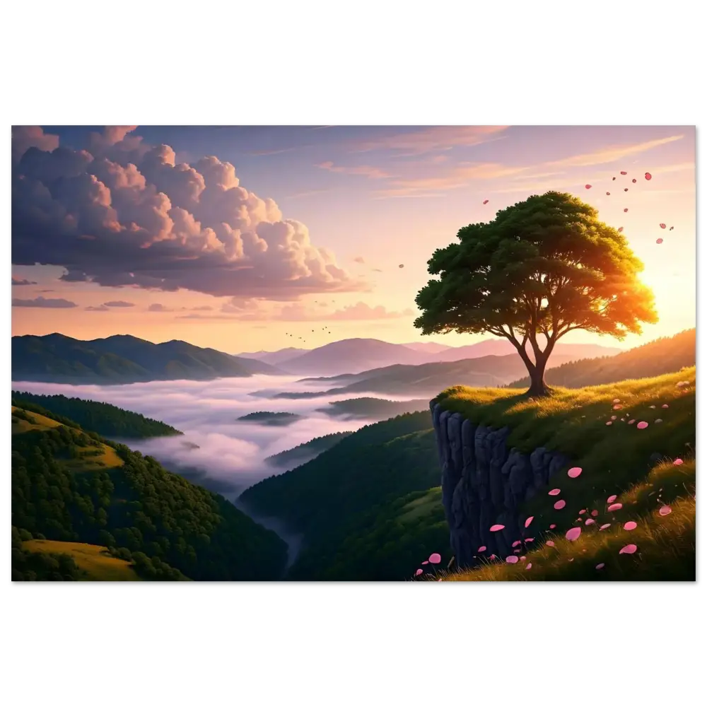 Scenic cliffside tree in a sunrise landscape framed poster by PixiOnyx