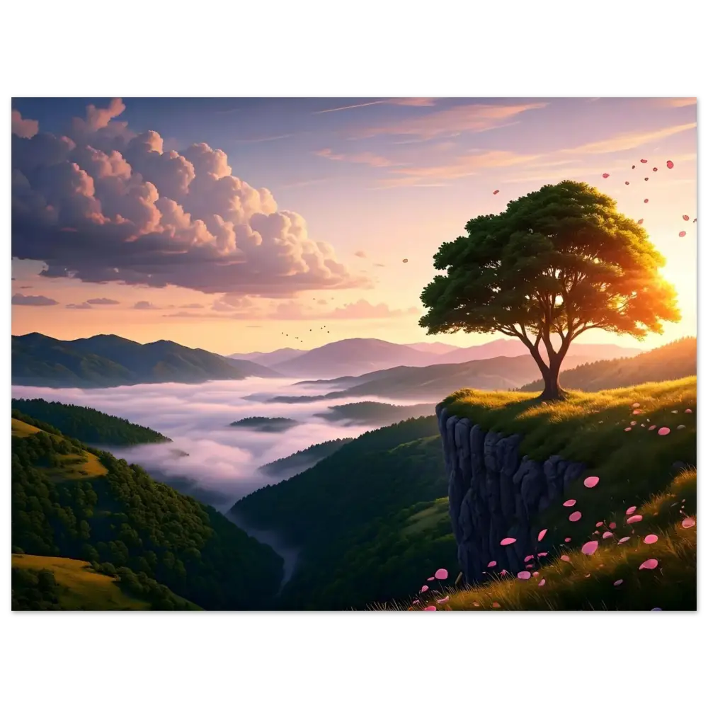 Solitary tree on a cliffside in a sunset landscape framed as PixiOnyx sunrise poster