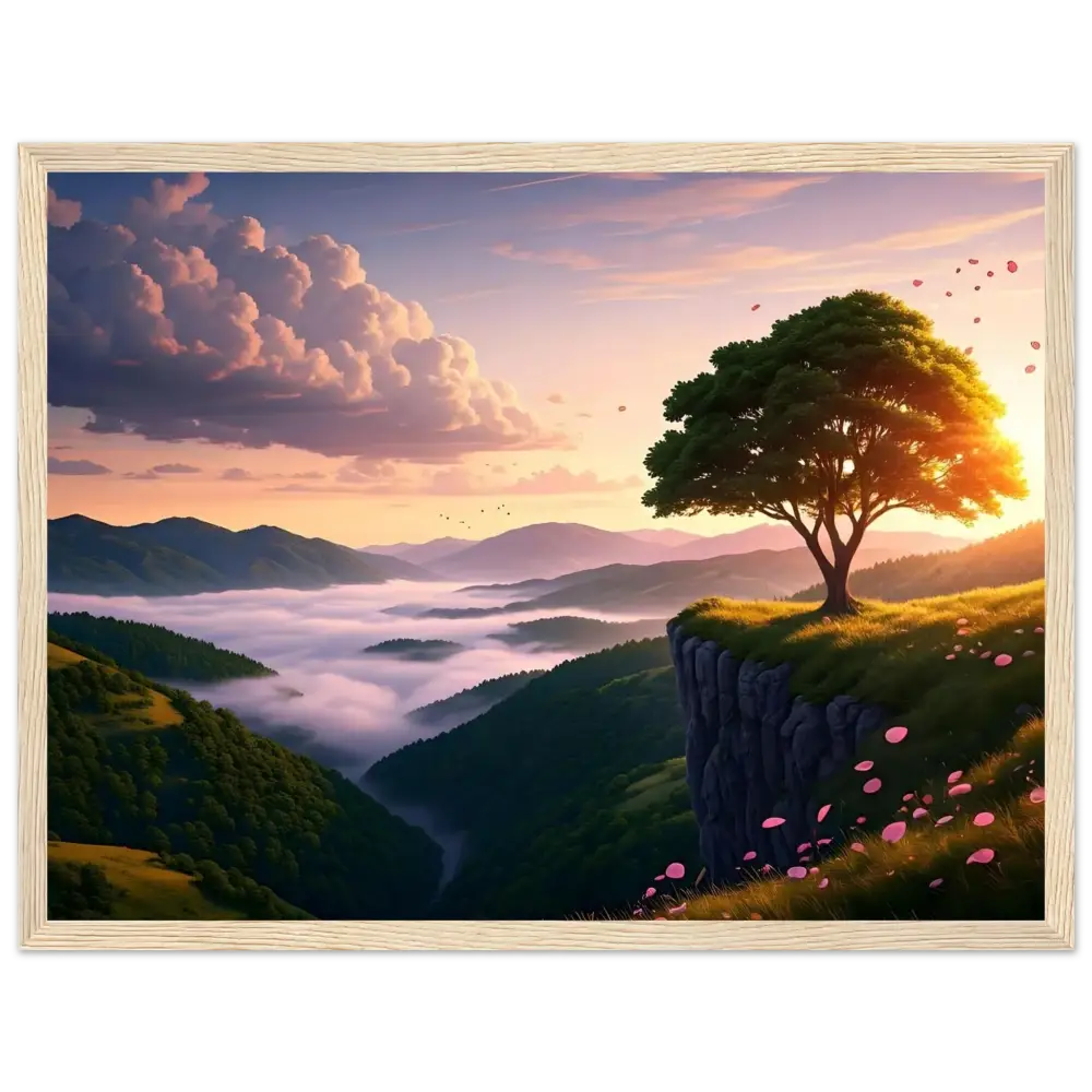 Framed sunrise landscape painting displayed in PixiOnyx Matte Landscape Print product