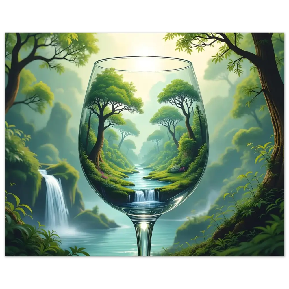 Wine glass with a lush forest landscape art in PixiOnyx Dreamcore display