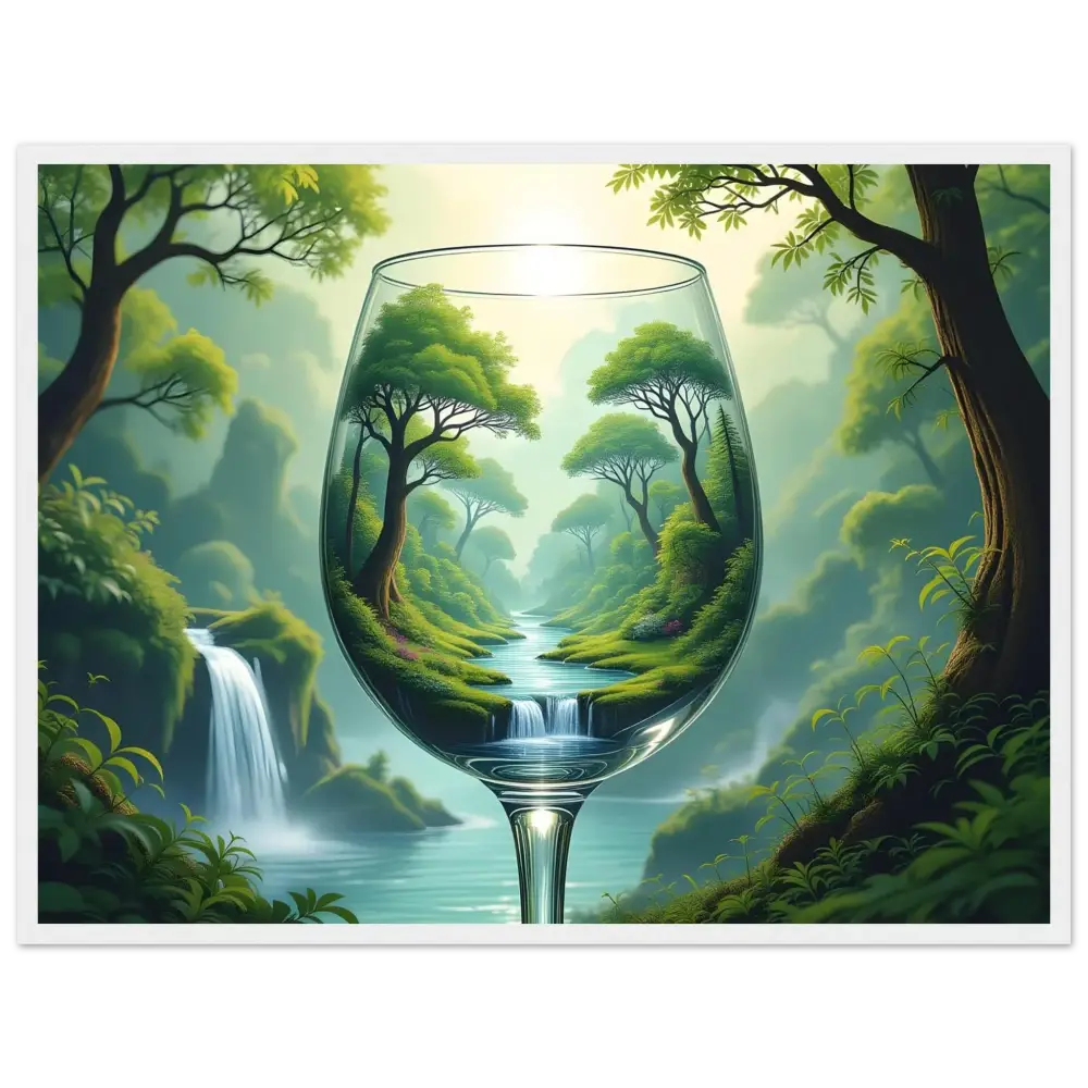 Wine glass with lush forest landscape in PixiOnyx Dreamcore Framed Surreal Forest Art