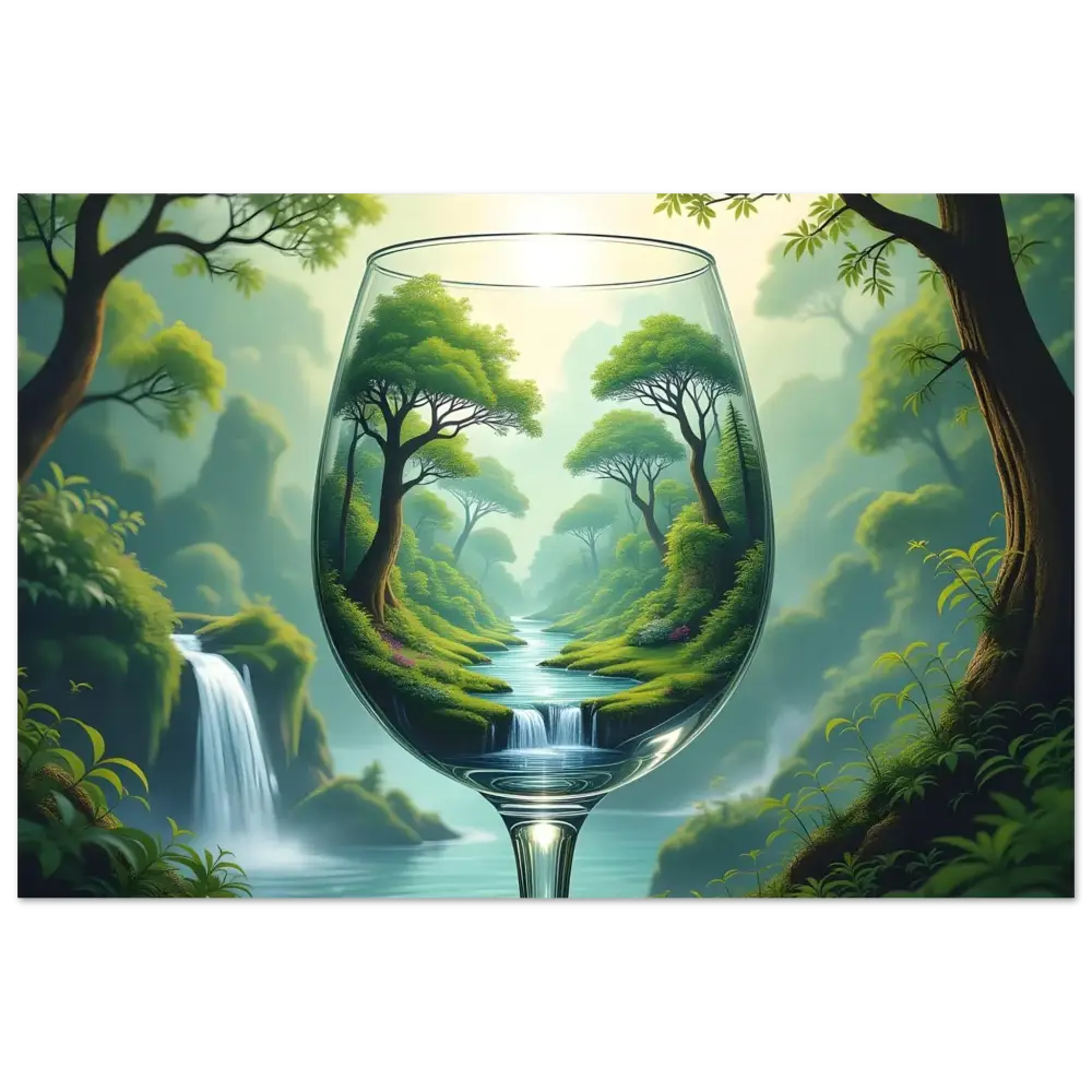 Wine glass with lush forest landscape in PixiOnyx Dreamcore Framed Surreal Forest Art